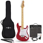 Gear4Music LA Select E-Gitarre Rot im Bundle mit 15-Watt-Gitarrenverstärker und Zubehör