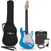 Gear4Music 3/4-LA-E-Gitarre Blau im Bundle mit 10-Watt-Gitarrenverstärker und Zubehör