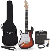 Gear4Music LA-Linkshänder-E-Gitarre Sunburst im Bundle mit 10-Watt-Verstärker und Zubehör