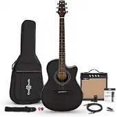 Gear4Music Roundback-Elektroakustikgitarre Schwarz im Paket mit 15-Watt-Verstärker