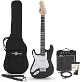 Gear4Music 3/4-LA-Linkshänder-E-Gitarre Schwarz im Bundle mit 10-Watt-Gitarrenverstärker und Zubehör