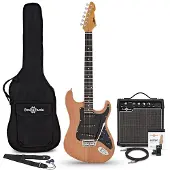 Gear4Music LA Select E-Gitarre Natural im Bundle mit 15-Watt-Gitarrenverstärker und Zubehör