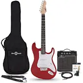 Gear4Music LA-E-Gitarre Rot im Bundle mit 10-Watt-Verstärker und Zubehör
