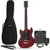 Gear4Music Brooklyn Linkshänder-E-Gitarre Rot im Paket mit 15-Watt-Verstärker