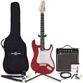 Gear4Music LA E-Gitarre Rot im Bundle mit 15-Watt-Verstärker und Zubehör-Komplettset