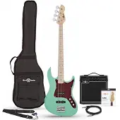 Gear4Music LA II-Bassgitarre Seafoam Green im Paket mit Tweed-15-Watt-Verstärker