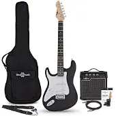 Gear4Music LA-Linkshänder-E-Gitarre Schwarz im Bundle mit 10-Watt-Verstärker und Zubehör