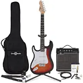 Gear4Music LA Linkshändergitarre Sunburst im Bundle mit 15-Watt-Verstärker und Zubehör-Komplettset
