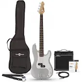 Gear4Music LA Bassgitarre + 15W Verstärker-Paket Silver Flake