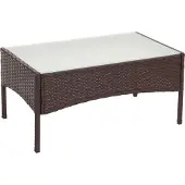 Mendler Poly-Rattan Gartentisch Hamar, Beistelltisch Tisch mit Glasplatte braun-meliert