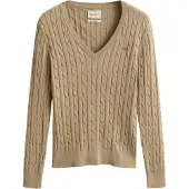 Gant Damen Cable-Strickpullover - STRETCH COTTON CABLE V-NECK, Zopfstrick Beige S