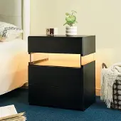 STILVORA Nachttisch Holzwerkstoff Schwarz mit LED, 3 Schubladen, Acrylfront