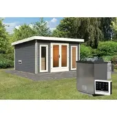 Karibu Saunahaus »Kuusalu 2«, 369x309x229 cm, 9 kW Bio-Ofen - grau