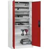 C+P Akkuladeschrank Acurado, abschließbar, mit Lüftung + Inneneinrichtung, B 930 x T 500 x H 1950 mm, Stahl, rubinrot RAL 3003/lichtgrau RAL 7035