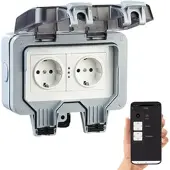 Luminea Home Control Outdoor-WLAN-Aufputz-Doppelsteckdose, Sprachbefehl, Strommessung, App