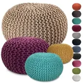Amagohome Strickhocker XXL Pouf Ø55 H37cm Bodenkissen Sitzpouf Baumwolle nachhaltig : beige