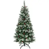 Costway 180cm Künstlicher Weihnachtsbaum mit roten Beeren, schneebedeckter Tannenbaum mit Metallständer, Christbaum PVC Nadeln, Kunstbaum Weihnachten