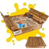 Lemodo Sandkasten Holz 115x114cm mit Abdeckung und Sitzbänken, braun imprägniert