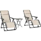 Outsunny Gartenliege Set 3-TLG. Klappbar Sonnenliege mit Teetisch 2 Stühle Kopfkissen, Outdoor Liege wetterfest Relaxliege Liegestuhl aus Metall