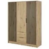 Bettso Eleganter Dreitüriger Kleiderschrank mit 2 Schubladen für Schlafzimmer Nelly 3D Ohne Spiegel und Schwarz Lamellen Fronten / Eiche Artisan