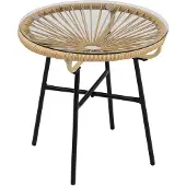 MODFU Outdoor-Beistelltisch aus PE-Rattan Beige mit Glasplatte, Metallgestell, 50x50x50 cm, pflegeleicht