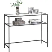 Vasagle LGT025B01 Konsolentisch mit 2 Ablagen aus Sicherheitsglas, Metallrahmen, verstellbaren Füßen für Wohnzimmer und Flur, Schwarz