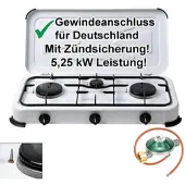 BlueCraft Camping-Gas-Kocher Mobi 3-flammig, weiss mit Zündsicherung, Gasschlauch und Gas...