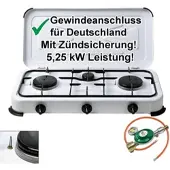BlueCraft Camping-Gas-Kocher Mobi 3-flammig, weiss mit Zündsicherung, Gasschlauch und Ma...