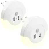 Autre 2 LED-Steckdosen-Nachtlichter, PIR- und Lichtsensor, 2x USB (10 Watt)