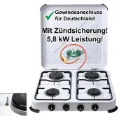 BlueCraft Camping-Gas-Kocher Mobi 4-flammig, weiss mit Zündsicherung, Gasschlauch und Gas...