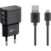 Goobay Micro USB Dual Ladeset 2,4 A, Netzteil mit 2x USB-Buchse und Micro USB Kabel 1m (Schwarz)