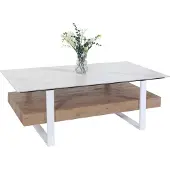 Mendler Couchtisch MCW-L88, Wohnzimmertisch Tisch, Ablage Eisen 43x120x60cm Sinterstein Marmor-Optik weiß Holz natur