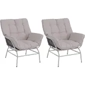 Mendler 2er-Set Gartenstuhl MCW-P75, Gartensessel Loungesessel, Stoff 220g/m² Poly-Rattan Metall hellgrau, Polster beige