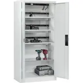 C+P Akkuladeschrank Acurado, abschließbar, mit Lüftung + Inneneinrichtung, B 930 x T 500 x H 1950 mm, Stahl, lichtgrau RAL 7035/lichtgrau RAL 7035