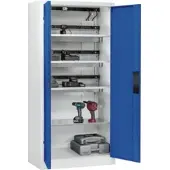C+P Akkuladeschrank Acurado, abschließbar, mit Lüftung + Inneneinrichtung, B 930 x T 500 x H 1950 mm, Stahl, enzianblau RAL 5010/lichtgrau RAL 7035