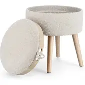 Bizzotto Hocker Zoya aus Bouclè-Stoff, modern mit Stauraum und Tablett, hellgrau, rund, von