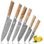 Zayiko Kinone 6er Damastmesser-Set I 8-20 cm Klingen I Wurzelholzgriffe Birke
