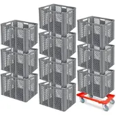 BRB-Lagertechnik BRB 10 Euroboxen, 600x400x410 mm, lebensmittelecht, grau + Transportroller