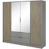 Bettso Eleganter Viertüriger Kleiderschrank mit 2 Große Schubladen für Schlafzimmer Nelly 4D mit Spiegel und Eiche Artisan Lamellen Fronten / Grau