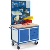 ROLLCART Werkbankwagen Profi, 1 Schrank, 4 Schubladen, 2 Lochmodulplatten, 1 Schlitzmodulplatte
