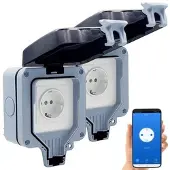 Luminea Home Control 2er-Set Outdoor-WLAN-Aufputzsteckdosen, Sprachsteuerung, Messung, App