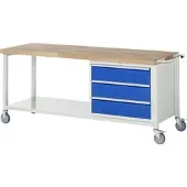 RAU Mobile Werkbank mit Ablageboden - 3 XL Schubladen - Teilauszug - 180:3 - 880 x 2.000 x 700 mm (HxBxT) - Traglast 450 kg - Buche