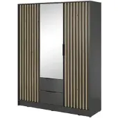 Bettso Eleganter Dreitüriger Kleiderschrank mit 2 Schubladen für Schlafzimmer Nelly 3D mit Spiegel und Eiche Artisan Lamellen Fronten / Graphit