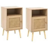 Costway Rattan-Nachttisch, Nachttisch aus Holz mit offenem Regal und Tür, Sofatisch