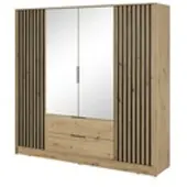 Bettso Eleganter Viertüriger Kleiderschrank mit 2 Große Schubladen für Schlafzimmer Nelly 4D mit Spiegel und Schwarz Lamellen Fronten / Eiche Artisan