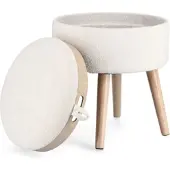 Bizzotto Hocker Zoya aus Bouclè-Stoff, modern mit Stauraum und Tablett, Weiß, rund, von