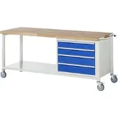 RAU Mobile Werkbank mit Ablageboden - 4 XL Schubladen - Teilauszug - 120:2 / 150:2 - 880 x 2.000 x 700 mm (HxBxT) - Traglast 450 kg - Buche