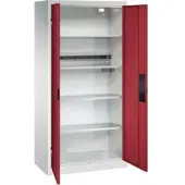 C+P Akkuladeschrank Acurado, abschließbar, mit Inneneinrichtung, B 930 x T 500 x H 1950 mm, Stahl, rubinrot RAL 3003/lichtgrau RAL 7035