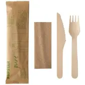 VEPATIM 50x Holzbesteck Set Messer Gabel Serviette natur einzeln verpackt in Papierbeutel