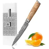Zayiko Kinone Damast Allzweckmesser I 12 cm Klinge I Wurzelholzgriff Birke